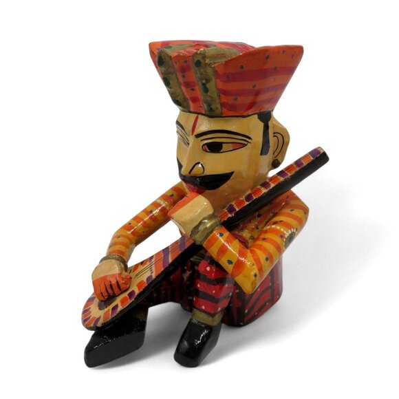 INDIAN MUSICIAN Figurine Sitar Player Wooden Handcrafted India Vintage 6" Tall - Picture 6 of 10